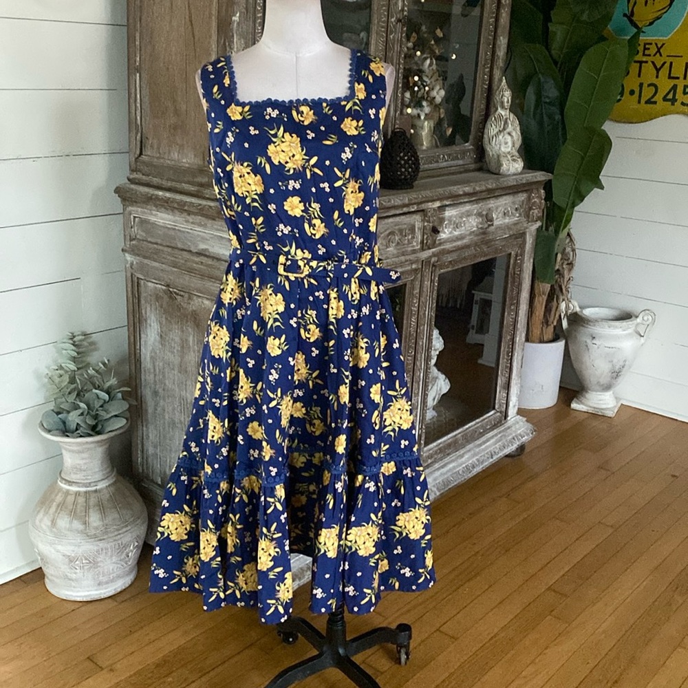 COLLECTIF X MODCLOTH FLORAL BELTED DRESS LARGE EXCELLENT PIN UP RETRO ROCKABILLY